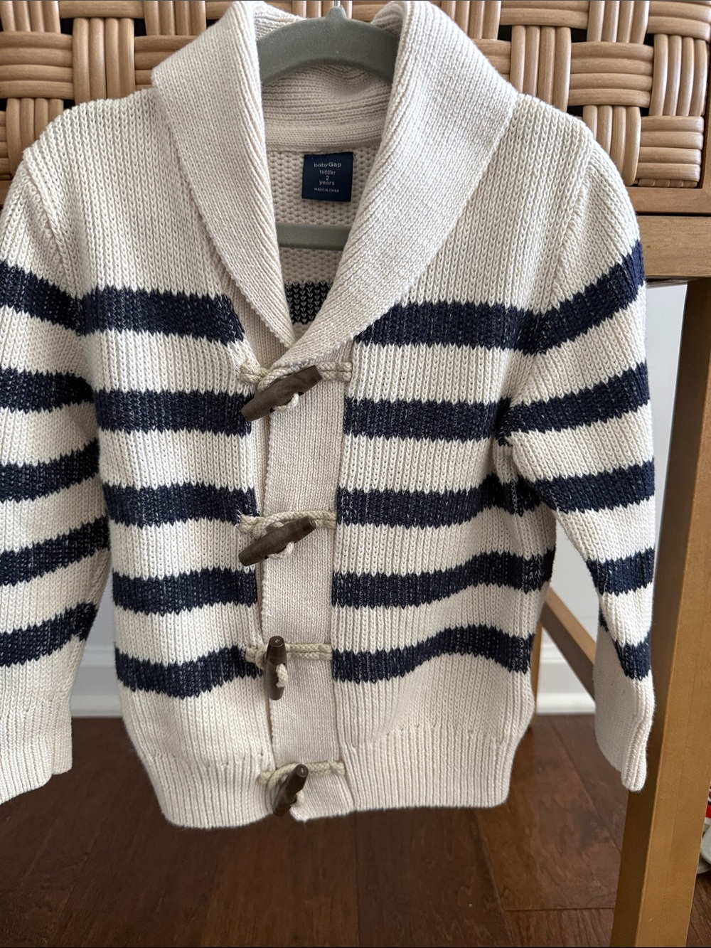 GAP Cream and Navy Striped Shawl Collar Sweater
